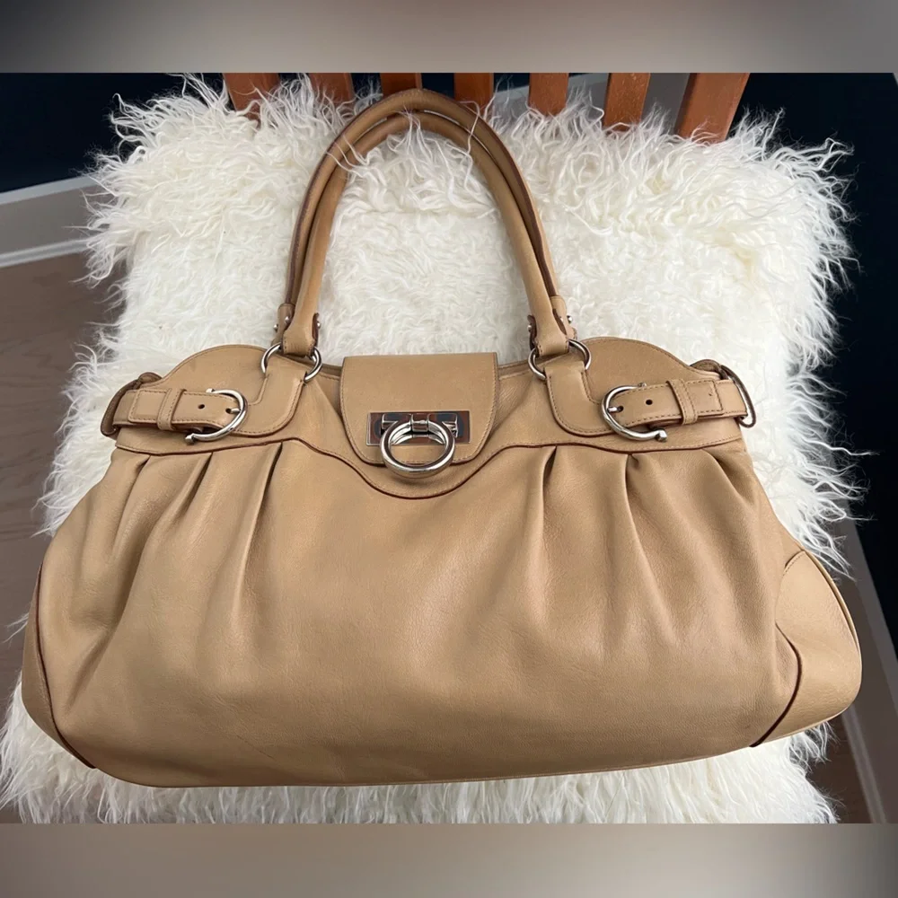 Salvatore Ferragamo Tan Leather Satchel with Silver Hardware